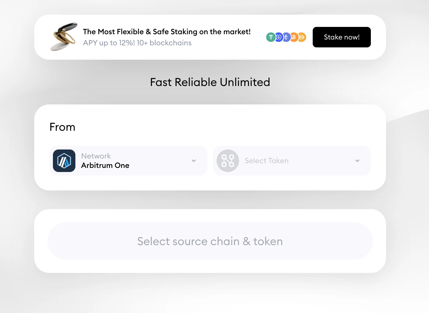 Defiway crypto bridge interface showing Arbitrum One network selected as the source chain. The interface includes a staking banner at the top offering up to 12% APY on 10+ blockchains, with tokens like USDT, USDC, BTC, and ETH shown. Below, options to select token and source chain are displayed but not yet filled.