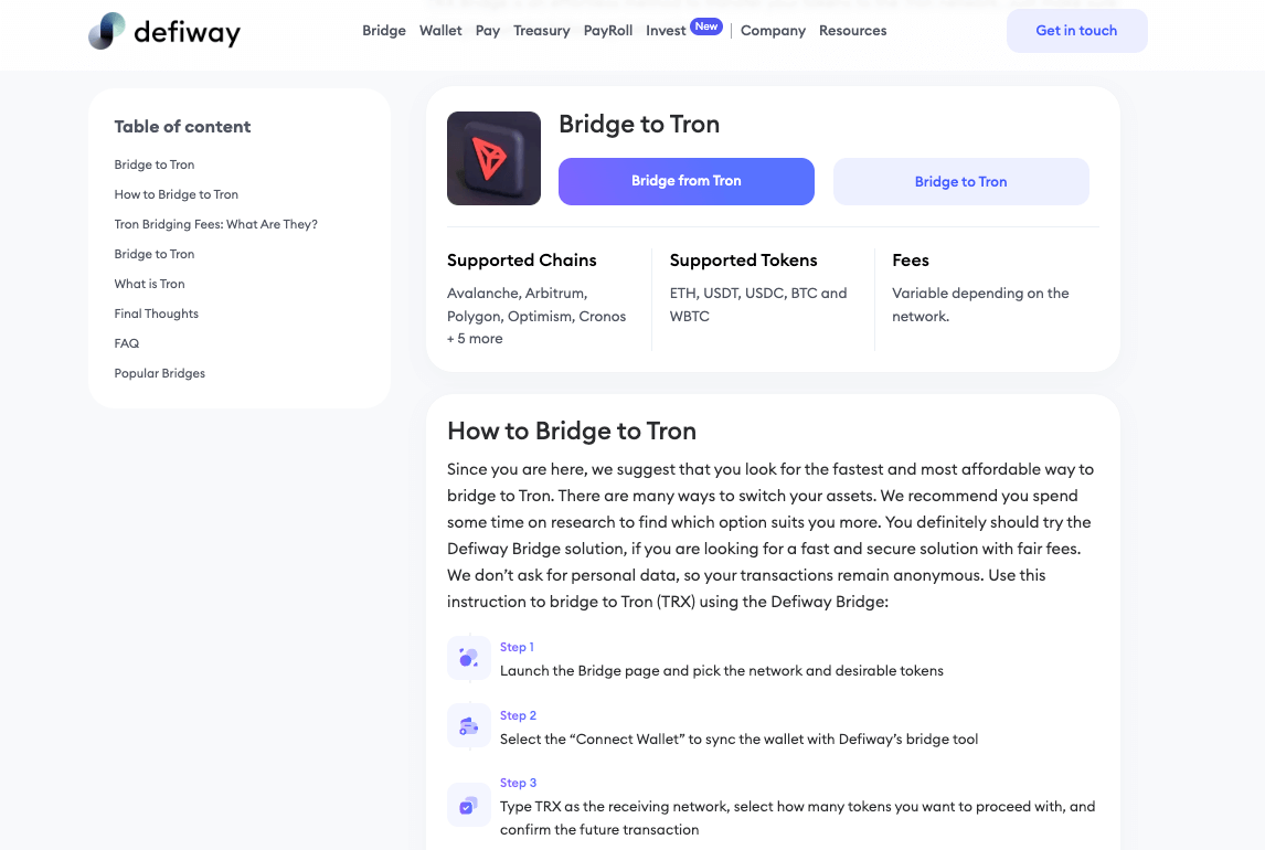 Defiway crypto bridges to and from Tron